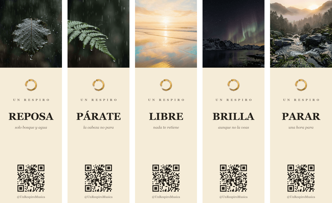 Los cinco separadores nuevos de Un Respiro, cada uno con una fotografía de la naturaleza, una palabra y un código QR