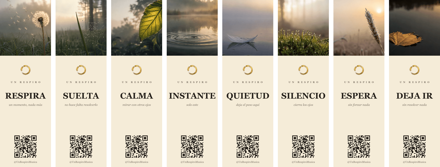 Los ocho separadores de libro de Un Respiro, cada uno con una fotografía de la naturaleza, una palabra y un código QR
