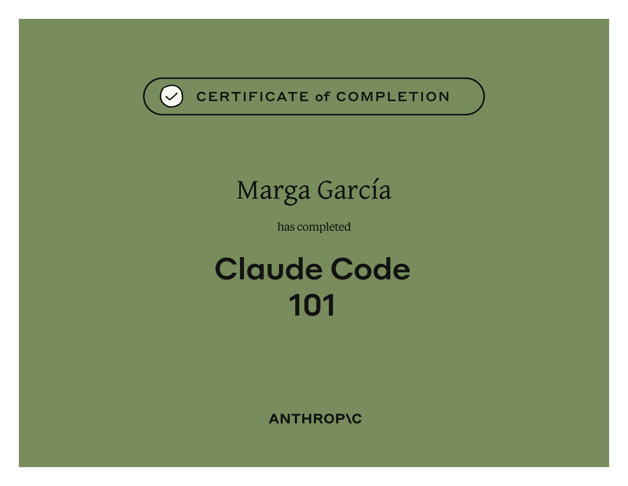 Certificado de finalización de Claude Code 101 — Marga García, Anthropic
