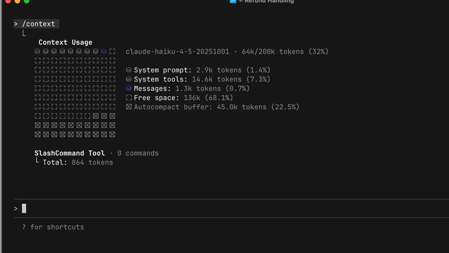 Salida del comando /context: uso de tokens y espacio libre
