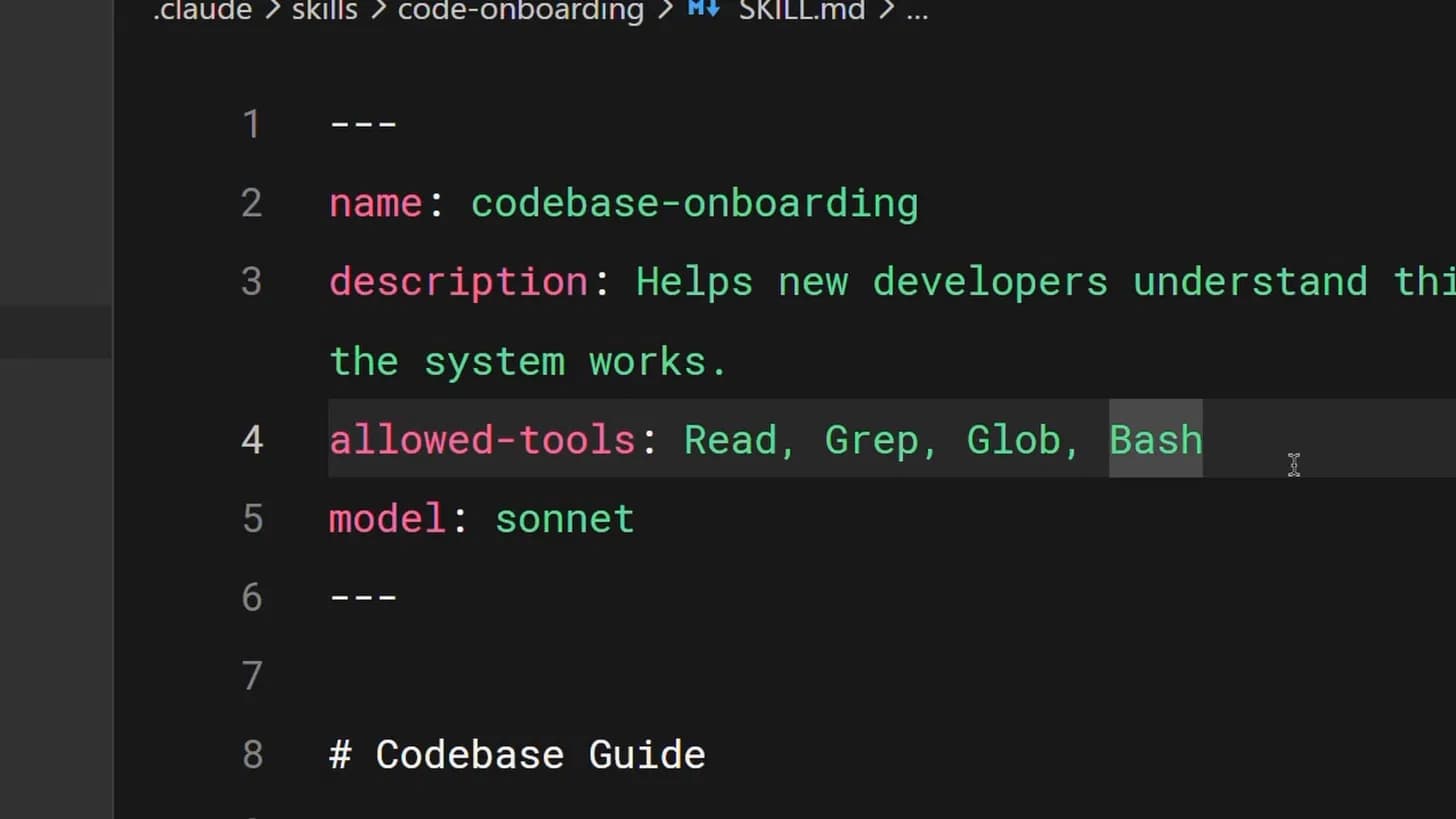 Encabezado de una habilidad con allowed-tools (Read, Grep, Glob, Bash) y model: sonnet